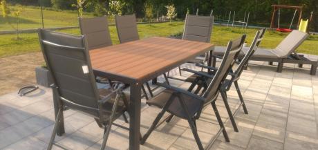 Meble ogrodowe obiadowe ze stołem 180cm i składanymi krzesłami - Kanbery Wood Antracite 8+1