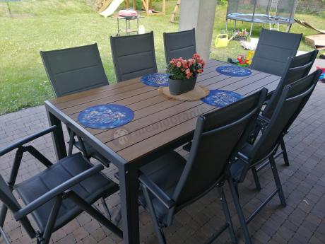 Meble ogrodowe obiadowe ze stołem 180cm i składanymi krzesłami - Kanbery Wood Antracite 8+1