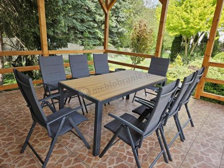 Meble ogrodowe obiadowe ze stołem 180cm i składanymi krzesłami - Kanbery Wood Antracite 8+1