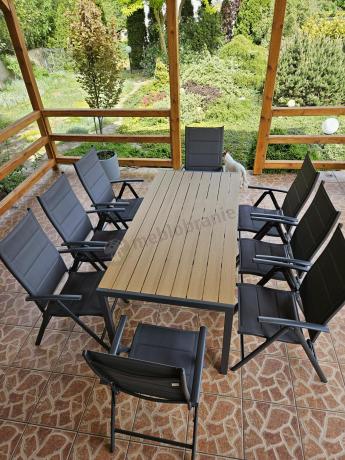 Meble ogrodowe obiadowe ze stołem 180cm i składanymi krzesłami - Kanbery Wood Antracite 8+1