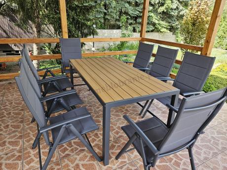 Meble ogrodowe obiadowe ze stołem 180cm i składanymi krzesłami - Kanbery Wood Antracite 8+1