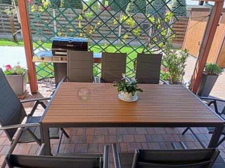 Meble ogrodowe obiadowe ze stołem 180cm i składanymi krzesłami - Kanbery Wood Antracite 8+1