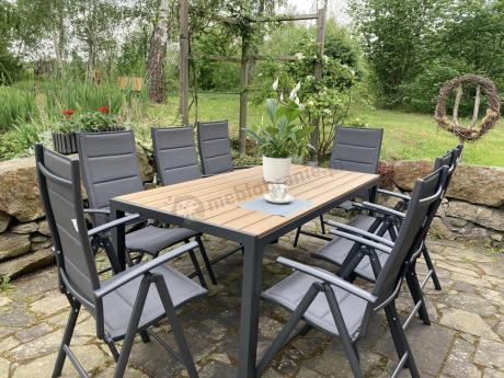 Meble ogrodowe obiadowe ze stołem 180cm i składanymi krzesłami - Kanbery Wood Antracite 8+1