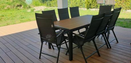 Meble ogrodowe obiadowe ze stołem 180cm i składanymi krzesłami - Kanbery Wood Antracite 8+1