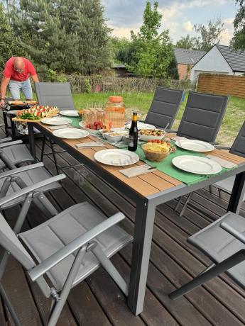 Meble ogrodowe obiadowe ze stołem 180cm i składanymi krzesłami - Kanbery Wood Antracite 8+1