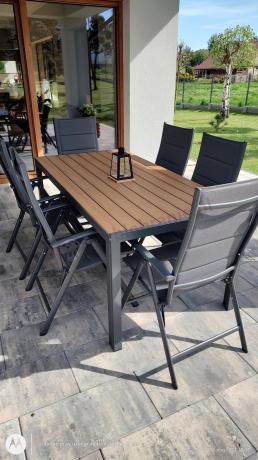 Meble ogrodowe obiadowe ze stołem 180cm i składanymi krzesłami - Kanbery Wood Antracite 8+1