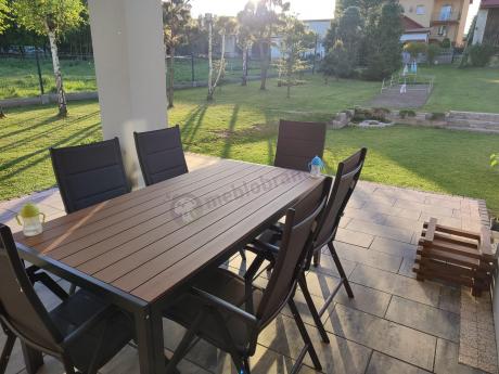 Meble ogrodowe obiadowe ze stołem 180cm i składanymi krzesłami - Kanbery Wood Antracite 8+1