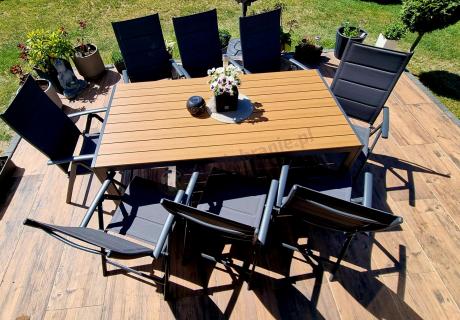 Meble ogrodowe obiadowe ze stołem 180cm i składanymi krzesłami - Kanbery Wood Antracite 8+1