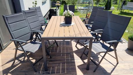 Meble ogrodowe obiadowe ze stołem 180cm i składanymi krzesłami - Kanbery Wood Antracite 8+1