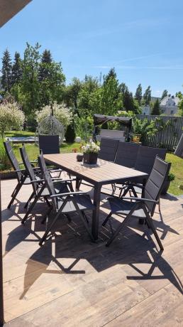 Meble ogrodowe obiadowe ze stołem 180cm i składanymi krzesłami - Kanbery Wood Antracite 8+1