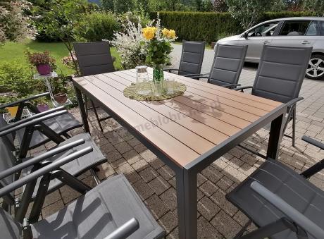 Meble ogrodowe obiadowe ze stołem 180cm i składanymi krzesłami - Kanbery Wood Antracite 8+1