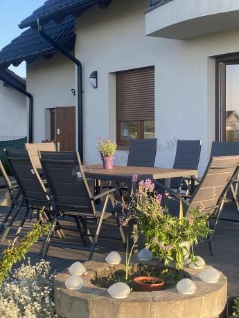 Meble ogrodowe obiadowe ze stołem 180cm i składanymi krzesłami - Kanbery Wood Antracite 8+1