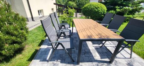Meble ogrodowe obiadowe ze stołem 180cm i składanymi krzesłami - Kanbery Wood Antracite 8+1