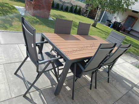 Meble ogrodowe obiadowe ze stołem 180cm i składanymi krzesłami - Kanbery Wood Antracite 8+1