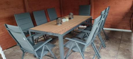 Meble ogrodowe obiadowe ze stołem 180cm i składanymi krzesłami - Kanbery Wood Antracite 8+1