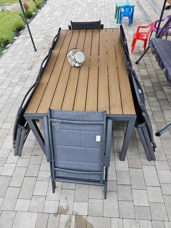Meble ogrodowe obiadowe ze stołem 180cm i składanymi krzesłami - Kanbery Wood Antracite 8+1