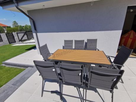 Meble ogrodowe obiadowe ze stołem 180cm i składanymi krzesłami - Kanbery Wood Antracite 8+1