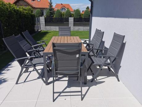 Meble ogrodowe obiadowe ze stołem 180cm i składanymi krzesłami - Kanbery Wood Antracite 8+1