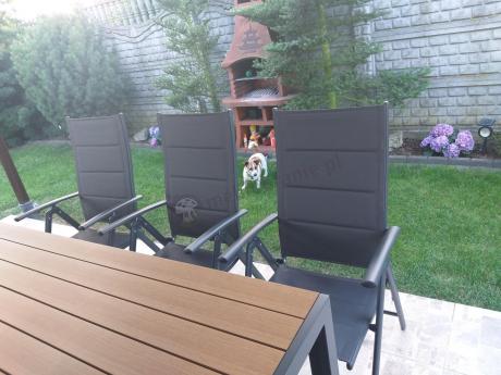 Meble ogrodowe obiadowe ze stołem 180cm i składanymi krzesłami - Kanbery Wood Antracite 8+1