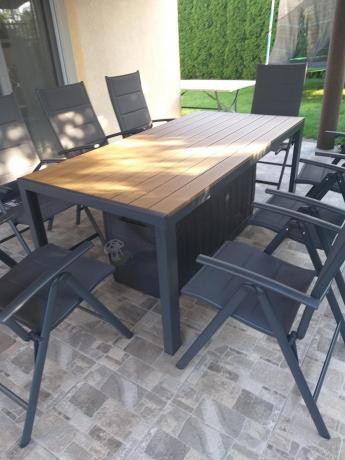 Meble ogrodowe obiadowe ze stołem 180cm i składanymi krzesłami - Kanbery Wood Antracite 8+1