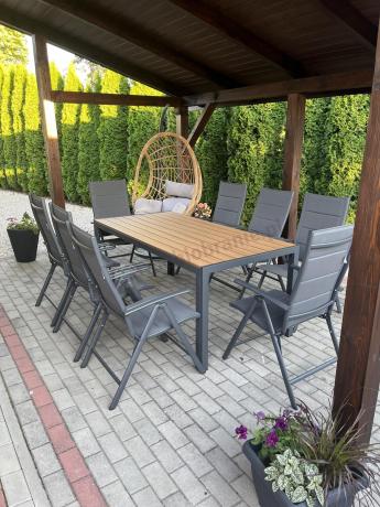Meble ogrodowe obiadowe ze stołem 180cm i składanymi krzesłami - Kanbery Wood Antracite 8+1