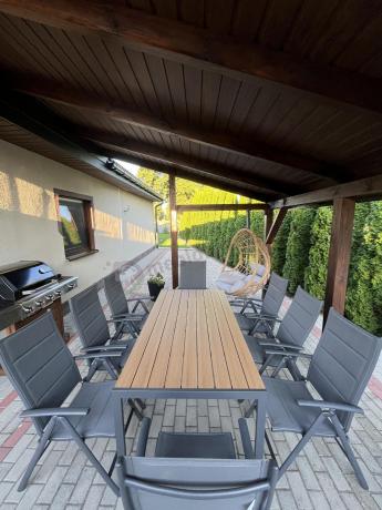 Meble ogrodowe obiadowe ze stołem 180cm i składanymi krzesłami - Kanbery Wood Antracite 8+1