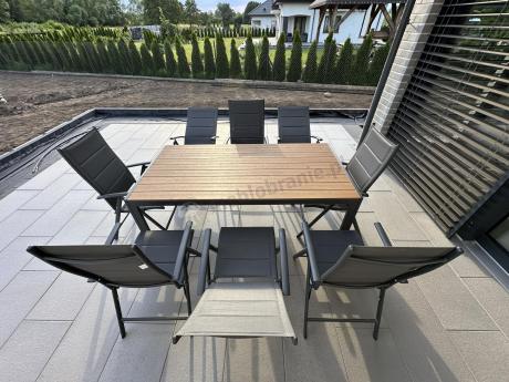 Meble ogrodowe obiadowe ze stołem 180cm i składanymi krzesłami - Kanbery Wood Antracite 8+1