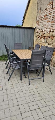 Meble ogrodowe obiadowe ze stołem 180cm i składanymi krzesłami - Kanbery Wood Antracite 8+1