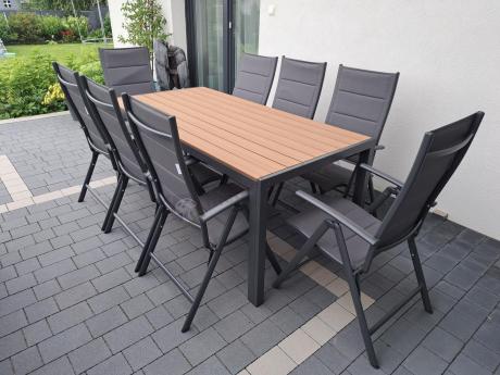 Meble ogrodowe obiadowe ze stołem 180cm i składanymi krzesłami - Kanbery Wood Antracite 8+1
