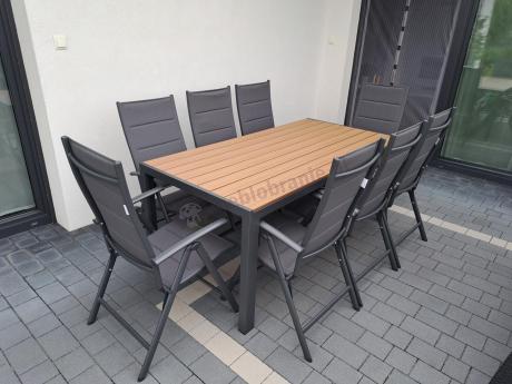 Meble ogrodowe obiadowe ze stołem 180cm i składanymi krzesłami - Kanbery Wood Antracite 8+1