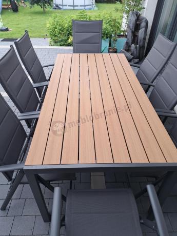 Meble ogrodowe obiadowe ze stołem 180cm i składanymi krzesłami - Kanbery Wood Antracite 8+1