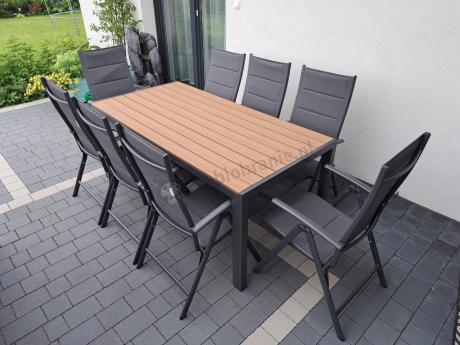 Meble ogrodowe obiadowe ze stołem 180cm i składanymi krzesłami - Kanbery Wood Antracite 8+1