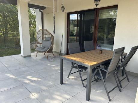 Meble ogrodowe obiadowe ze stołem 180cm i składanymi krzesłami - Kanbery Wood Antracite 8+1