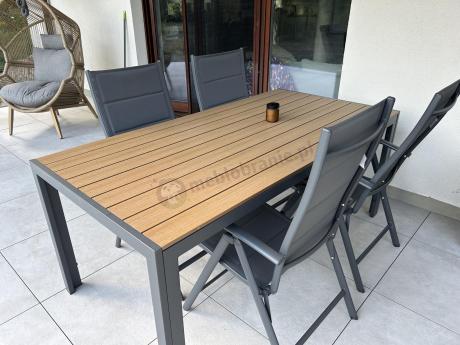 Meble ogrodowe obiadowe ze stołem 180cm i składanymi krzesłami - Kanbery Wood Antracite 8+1