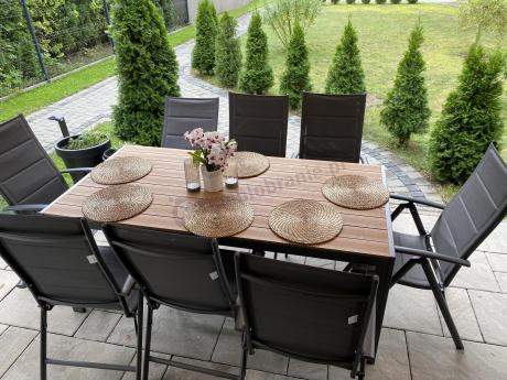 Meble ogrodowe obiadowe ze stołem 180cm i składanymi krzesłami - Kanbery Wood Antracite 8+1