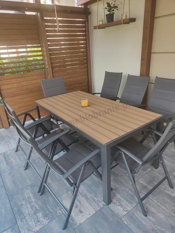 Meble ogrodowe obiadowe ze stołem 180cm i składanymi krzesłami - Kanbery Wood Antracite 8+1