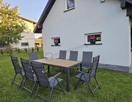 Meble ogrodowe obiadowe ze stołem 180cm i składanymi krzesłami - Kanbery Wood Antracite 8+1