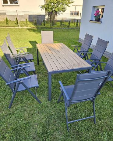 Meble ogrodowe obiadowe ze stołem 180cm i składanymi krzesłami - Kanbery Wood Antracite 8+1