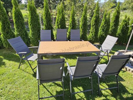 Meble ogrodowe obiadowe ze stołem 180cm i składanymi krzesłami - Kanbery Wood Antracite 8+1