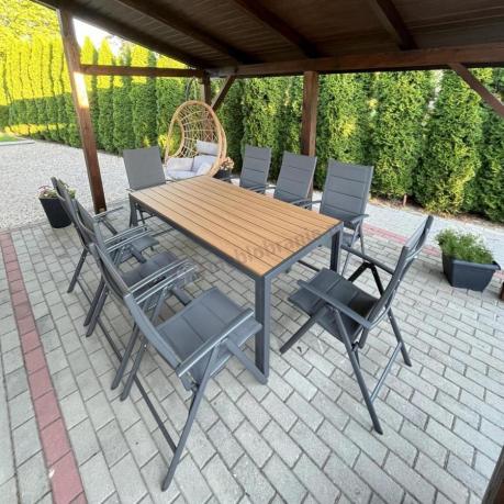 Meble ogrodowe obiadowe ze stołem 180cm i składanymi krzesłami - Kanbery Wood Antracite 8+1