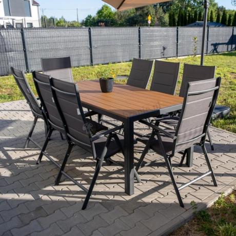Meble ogrodowe obiadowe ze stołem 180cm i składanymi krzesłami - Kanbery Wood Antracite 8+1