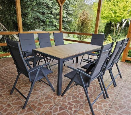 Meble ogrodowe obiadowe ze stołem 180cm i składanymi krzesłami - Kanbery Wood Antracite 8+1
