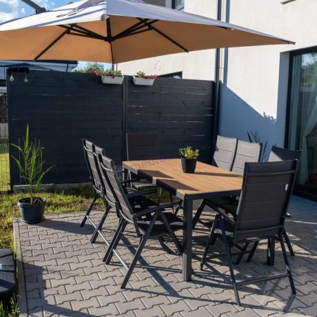 Meble ogrodowe obiadowe ze stołem 180cm i składanymi krzesłami - Kanbery Wood Antracite 8+1