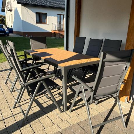 Meble ogrodowe obiadowe ze stołem 180cm i składanymi krzesłami - Kanbery Wood Antracite 8+1