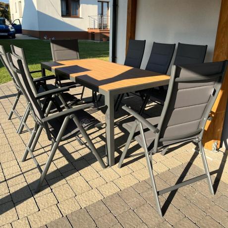 Meble ogrodowe obiadowe ze stołem 180cm i składanymi krzesłami - Kanbery Wood Antracite 8+1