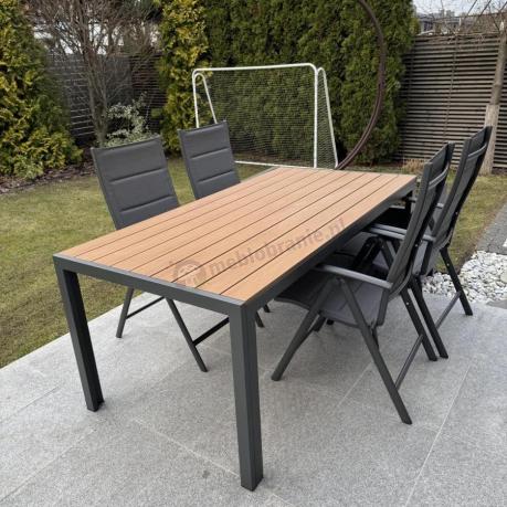Meble ogrodowe obiadowe ze stołem 180cm i składanymi krzesłami - Kanbery Wood Antracite 8+1