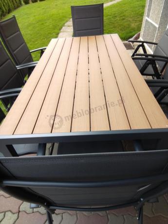 Meble ogrodowe obiadowe ze stołem 180cm i składanymi krzesłami - Kanbery Wood Antracite 8+1
