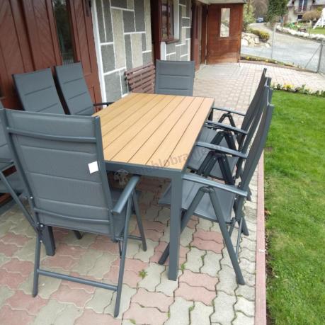Meble ogrodowe obiadowe ze stołem 180cm i składanymi krzesłami - Kanbery Wood Antracite 8+1