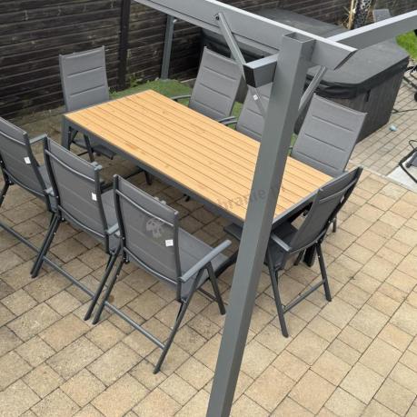 Meble ogrodowe obiadowe ze stołem 180cm i składanymi krzesłami (7 pozycji) - Kanbery Wood Antracite 8+1