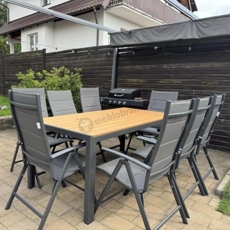 Meble ogrodowe obiadowe ze stołem 180cm i składanymi krzesłami (7 pozycji) - Kanbery Wood Antracite 8+1